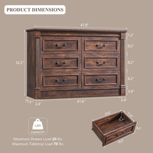AITJUNZ FARMHOUSE 6-DRAWER DRESSER - 1.5" D X 48" W X 32" H - BROWN (ITEM: LD25006-BR) image 2