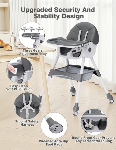 4-IN-1 CONVERTIBLE HEIGHT ADJUSTABLE BABY HIGHCHAIR WITH WHEELS & PU CUSHION - GREY (MODEL: ROU-002) image 2