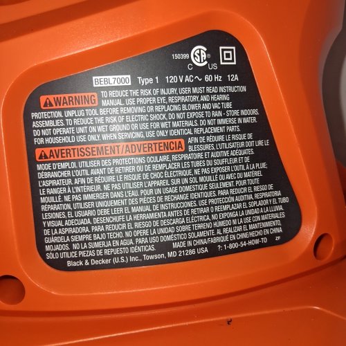 BLACK+DECKER CORDED VACUUM BACKPACK LEAF BLOWER & MULCHER - 250MPH/ 400CFM - BLACK/ORANGE (MODEL: BEBL7000) image 8
