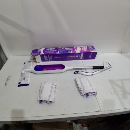 SWIFFER POWERMOP MULTI-SURFACE MOP KIT WITH 2 MOPPING PAD REFILLS, 1 FLOOR CLEANING SOLUTION WITH FRESH SCENT AND 2 BATTERIES - PURPLE AND WHITE image 2
