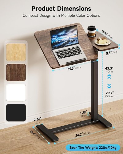 BIZUM ADJUSTABLE BEDSIDE TABLE WITH SWIVEL HIDDEN WHEELS PNEUMATIC ROLLING DESK - 19.3" X 15.8" TABLETOP; 29.7"–43.3" HEIGHT - WHITE image 2