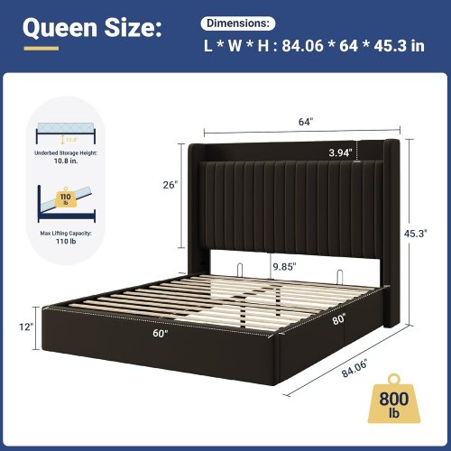 ALLEWIE LIFT UP HYDRAULIC BED FRAME WITH STORAGE & CHARGING STATION - 12" X 84.06" X 45.3" - QUEEN - BLACK (MODEL: KRQDCZW002) image 2