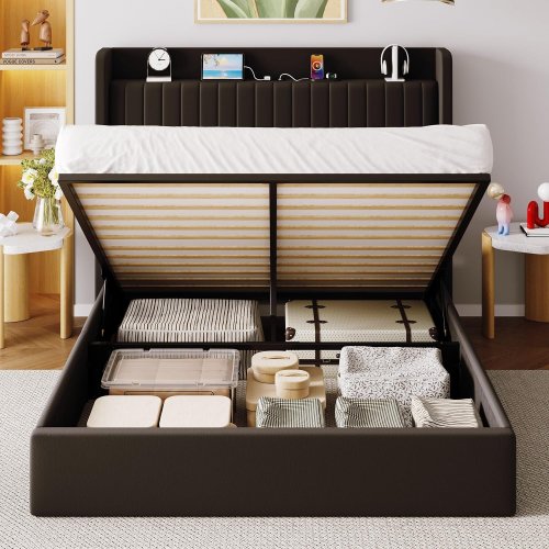 ALLEWIE LIFT UP HYDRAULIC BED FRAME WITH STORAGE & CHARGING STATION - 12" X 84.06" X 45.3" - QUEEN - BLACK (MODEL: KRQDCZW002) image 3