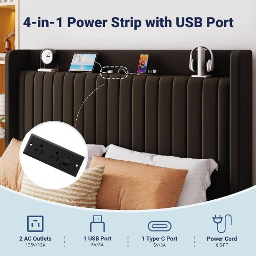 ALLEWIE LIFT UP HYDRAULIC BED FRAME WITH STORAGE & CHARGING STATION - 12" X 84.06" X 45.3" - QUEEN - BLACK (MODEL: KRQDCZW002) image 4
