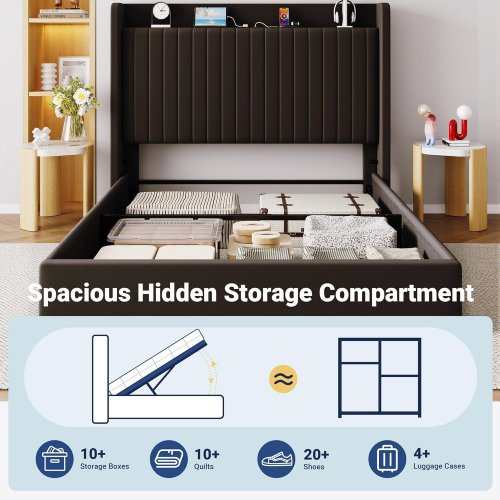 ALLEWIE LIFT UP HYDRAULIC BED FRAME WITH STORAGE & CHARGING STATION - 12" X 84.06" X 45.3" - QUEEN - BLACK (MODEL: KRQDCZW002) image 5