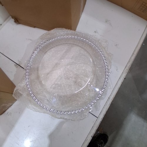 12PK ROUND DECORATIVE PLATE/ SERVING DISH - PLASTIC- CLEAR / SILVER image 2