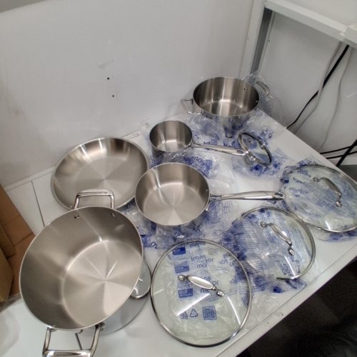 9PC TRAMONTINA STAINLESS STEEL TRI-PLY CLAD COOKWARE SET WITH GLASS LIDS - 8/6/3/1.5 QT POTS AND 8" PAN - SILVER (MODEL: 80116/055DS) image 2
