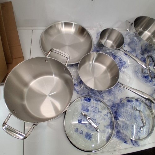 9PC TRAMONTINA STAINLESS STEEL TRI-PLY CLAD COOKWARE SET WITH GLASS LIDS - 8/6/3/1.5 QT POTS AND 8" PAN - SILVER (MODEL: 80116/055DS) image 3