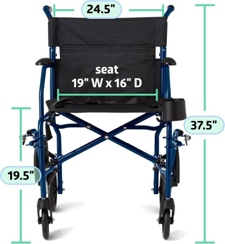 MEDLINE ULTRA LIGHTWIEGHT TRANSPORT CHAIR/WHEELCHAIR WITH CUPHOLDER - 19" SEAT - BLUE/BLACK (MODEL: MDS808200F3B) image 2