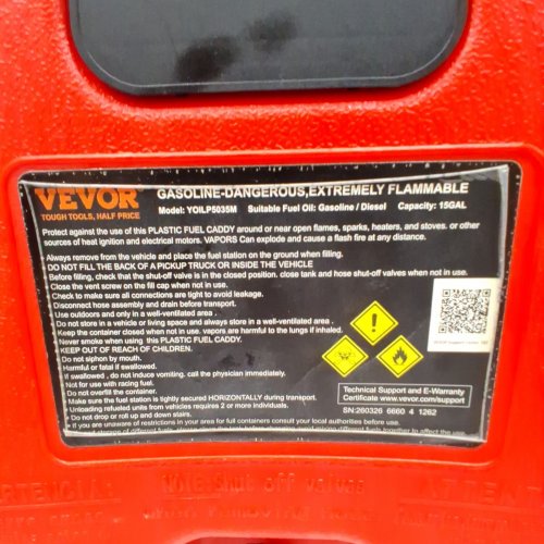 VEVOR FUEL CADDY PORTABLE FUEL STORAGE TANK ON WHEELS - 15 GALLON - RED (MODEL: YOILP5035M)) image 3