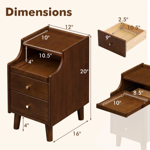 WOOD NIGHTSTAND WITH DRAWERS AND SOLID WOOD LEGS - BROWN (MODEL: HU11411BN) image 2