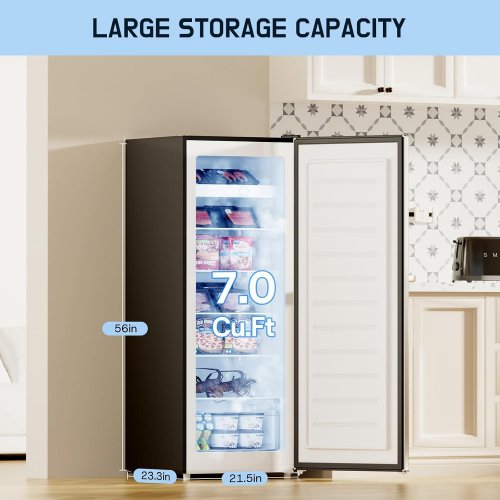 UPSTREMAN LARGE CONVERTIBLE STAINLESS STEEL FREEZER/FRIDGE WITH 5 SHELVES AND WHEELS FOR EASY MOVEMENT - 7 CU.FT - SILVER/BLACK - (MODEL: UP70-SILVER) image 2