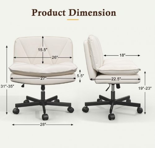 ENHOMEE WIDE SEAT ARMLESS OFFICE CHAIR - 27" - WHITE/BLACK image 2