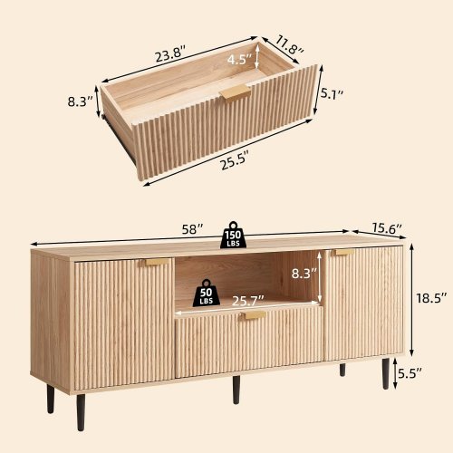 OKVNBJK MODERN FLUTED TV STAND FOR 65" TVS WITH DRAWER - 58" - OAK image 2