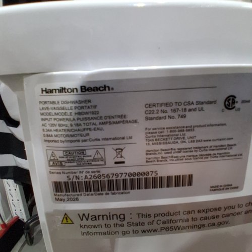 HAMILTON BEACH PORTABLE DISHWASHER WITH WHEELS - 5 CU. FT- WHITE (MODEL: HBDW1922) image 3