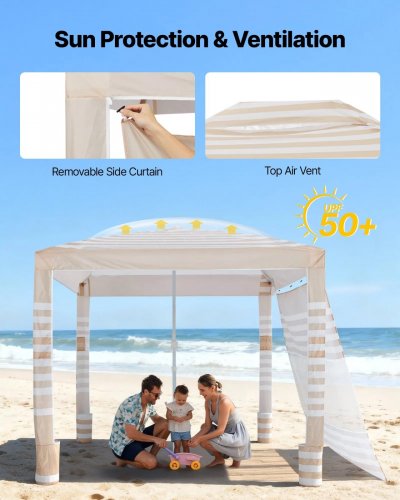 BEACH CABANA WITH SIDE WALLUPF 50+ PROTECTION EASY SETUP BEACH TENT SUN SHELTER - 8FT X 8FT - KHAKI STRIPE (MODEL:SZ002) image 2