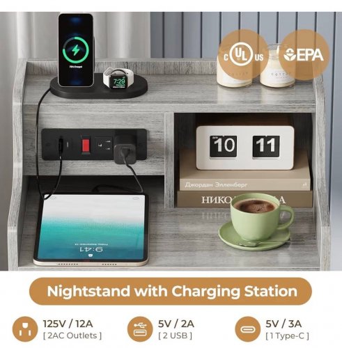 ADORNEVE WOODEN NIGHTSTAND WITH 4 DRAWERS & CHARGING STATION - 32" X 18" X 14" - GREY - (MODEL: DJVN000025_1) image 3