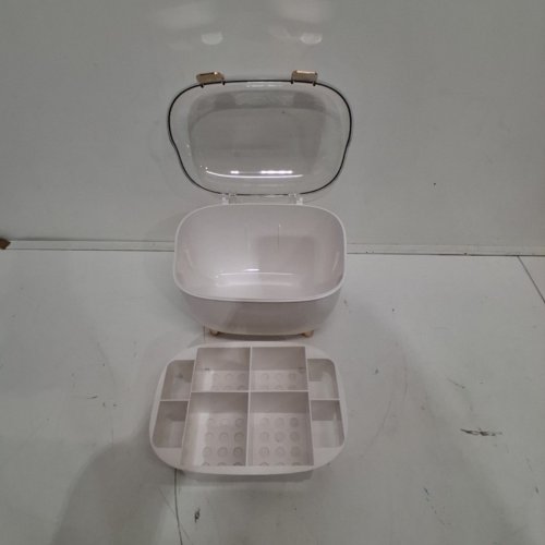 JEWELRY / MAKE-UP STORAGE ORGANIZER BOX WITH LID - 8" X 6" - WHITE / GOLD / CLEAR image 2
