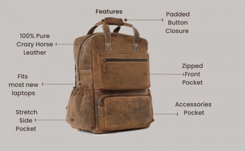 UNISEX MONTOSU GENUINE LEATHER BACKPACK WITH LAPTOP COMPARTMENT - 17" - FULL GRAIN / BROWN image 2