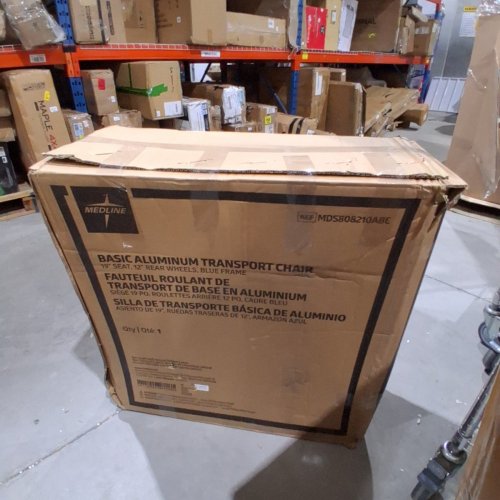 MEDLINE ALUMINUM TRANSPORT CHAIR WITH LARGE WHEELS AND BRAKES - 300LBS MAX - 19" SEAT - BLUE (MODEL: MDS808210ABE) image 4