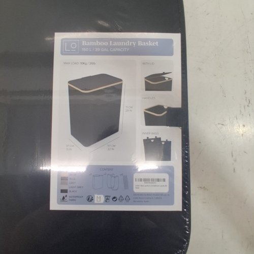 LONBET DOUBLE LAUNDRY HAMPER WITH LID & REMOVABLE BAGS - 150L CAPACITY - 28"X22"X15" - BLACK/BAMBOO image 2