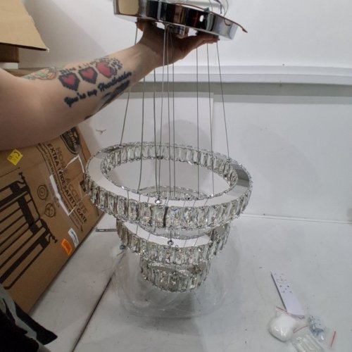 FINKRONGLAN 3-RING CRYSTAL LED CHANDELIER LIGHT FIXTURE - 47.24"/6000K - SILVER (MODEL: C398C368-C4EE-418E-916B-E6AB40EEA5F5) image 7