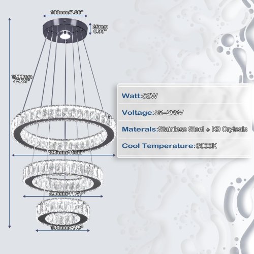FINKRONGLAN 3-RING CRYSTAL LED CHANDELIER LIGHT FIXTURE - 47.24"/6000K - SILVER (MODEL: C398C368-C4EE-418E-916B-E6AB40EEA5F5) image 2