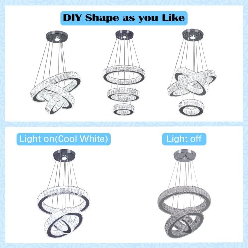 FINKRONGLAN 3-RING CRYSTAL LED CHANDELIER LIGHT FIXTURE - 47.24"/6000K - SILVER (MODEL: C398C368-C4EE-418E-916B-E6AB40EEA5F5) image 3