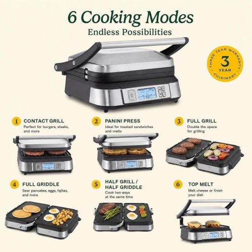 6-IN-1 CUISINART SMOKE-LESS CONTACT GRIDDLE WITH REVERSIBLE PLATES - SILVER (MODEL: GR-6SNASC) image 2