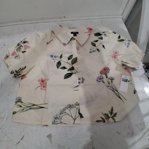WOMEN'S FLORAL BUTTON-FRONT SHORT-SLEEVE CROPPED BLOUSE - MEDIUM - FLORAL PRINT/CREAM (STYLE: MLRL0519) image 3