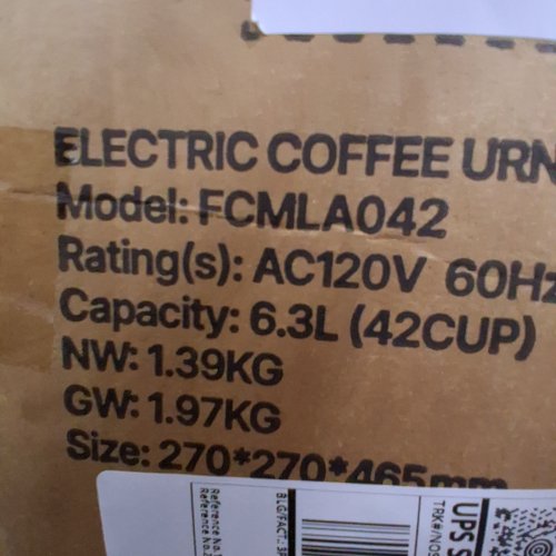 COMMERCIAL COFFEE URN DISPENSER/ELECTRIC BOILER FOR FAST BREWING - 42 CUPS - 120 V - STAINLESS STEEL/BLACK (MODEL: FCMLA042) image 3