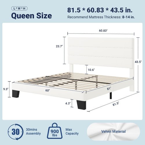ALLEWIE VELVET UPHOLSTERED PLATFORM BED FRAME WITH HEADBOARD - QUEEN - WHITE (MODEL: TG-RBSTB-K-0001BK) image 3