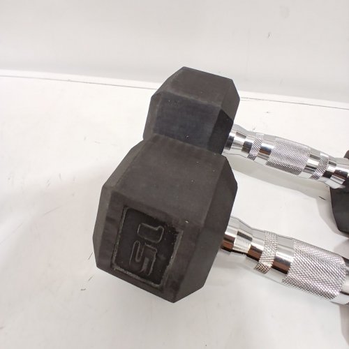 2PK FUXION DUMBBELLS RUBBER ENCASED HEX PAIR - 15LB EACH - BLACK image 3