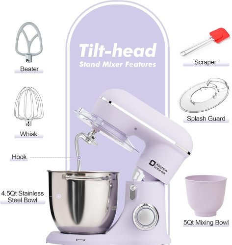 ITCHEN IN THE BOX STAND MIXER WITH 2 BOWLS - 10 SPEEDS - HOOK, BEATER, AND WHISK ATTACHMENTS - 4.5 QT PLASTIC BOWL AND 5 QT METAL BOWL - MATTE PURPLE image 3
