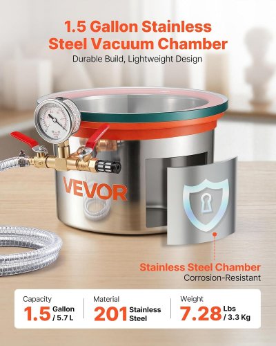 VACUUM DEGASSING CHAMBER WITH TEMPERED GLASS LID - 1.5 GAL CAPACITY - STAINLESS STEEL/ORANGE (MODEL: T-1.5) image 2