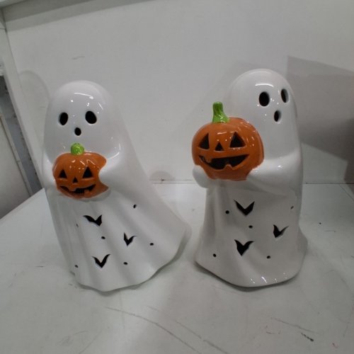 2PC HALLOWEEN CERAMIC LIGHT UP GHOST FIGURINES - 12.5" - WHITE, ORANGE, AND GREEN (MODEL:1851599) image 2