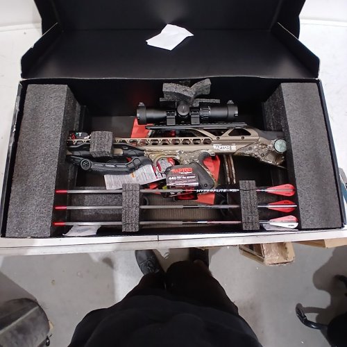 BARNETT HYPER RAPTOR T-REX CROSSBOW WITH 2 - 7 X 36MM ILLUMINATED MULTI-RETICLE SCOPE - 3 HYPERFLITE 22"ARROWS - 440FPS - 220LB - 32" X 15.6" - CAMO (MODEL: BAR78248) image 2