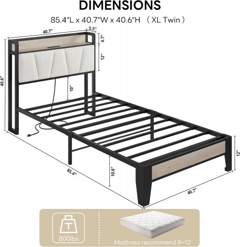 LIKIMIO BED FRAME WITH HEADBOARD STORAGE & CHARGING STATION - TWIN XL - RUSTIC WHITE & CREAM (MODEL: HK-XTBF-55) image 2