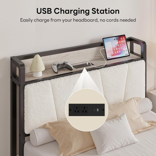 LIKIMIO BED FRAME WITH HEADBOARD STORAGE & CHARGING STATION - TWIN XL - RUSTIC WHITE & CREAM (MODEL: HK-XTBF-55) image 3