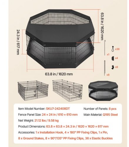FOLDABLE 8-PANEL DOG EXERCISE PLAYPEN WITH TOP & BOTTOM COVERS, FOR SMALL DOGS - EACH PANEL 24" X 24" - BLACK - image 2