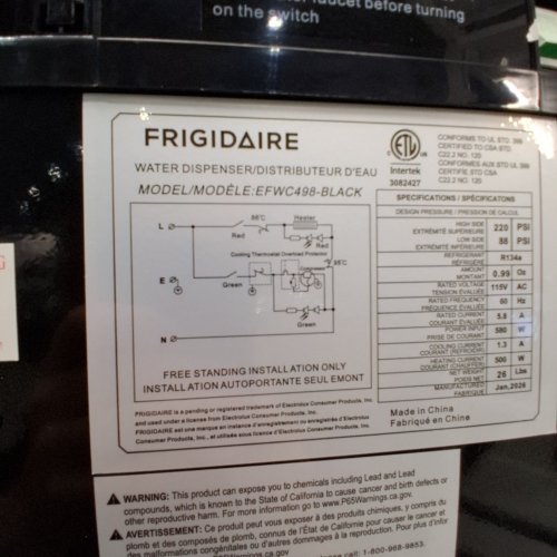 FRIGIDAIRE TOP-LOAD HOT & COLD WATER COOLER/DISPENSER - FITS 3-5 GALLON BOTTLES - BLACK (MODEL: EFWC498) image 8
