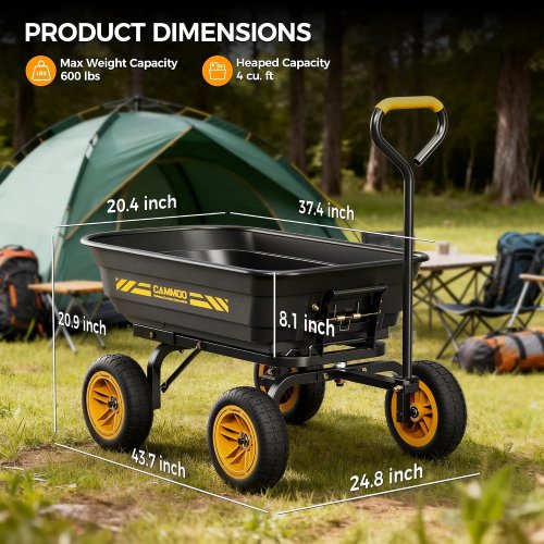 CAMMOO HEAVY DUTY GARDEN DUMP CART WAGON WITH SOLID 10" TIRES - 4 CU.FT, 600LBS CAPACITY - BLACK - (MODEL: TF-S600) image 2