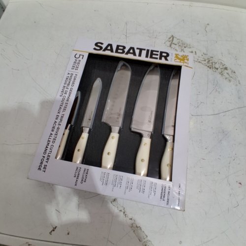 10PC SABATIER FORGED GERMAN STEEL TRIPLE RIVETED KNIFE SET WITH COVERS - VARYING SIZES - WHITE/GOLD (MODEL : 1707150) image 4