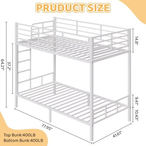 KTAXON METAL BUNK BED FRAME WITH HIGH GUARDRAIL - TWIN OVER TWIN - WHITE - (MODEL: G666-A1614G52007016) image 2