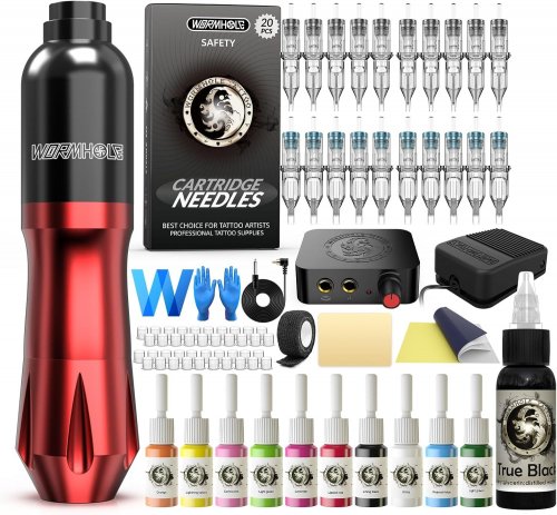 WORMHOLE TATTOO PEN KIT FOR ARTISTS AND BEGINNERS - 20PC TATTOO CARTRIDGE NEEDLES - 10PC COLOR INKS - FOOT PEDAL, POWER SUPPLY, RCA CORD (WTK079) image 2