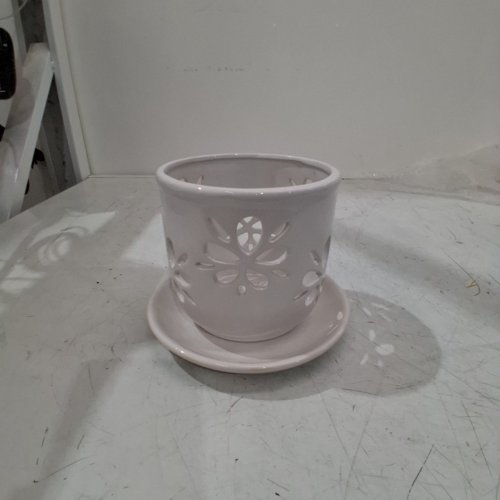 CERAMIC ORCHID POT WITH HOLES AND SAUCER FOR INDOOR/OUTDOOR - 5" - WHITE image 2