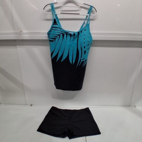 2PC WOMEN'S SWIMWEAR tankini and shorts SET - 2XL - BLACK / TURQUOISE image 2