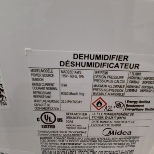 MIDEA EASYDRY DEHUMIDIFIER WITH DIGITAL DISPLAY - 1500SQ.FT. COVERAGE - WHITE (MODEL: MAD22C1AWS) image 6