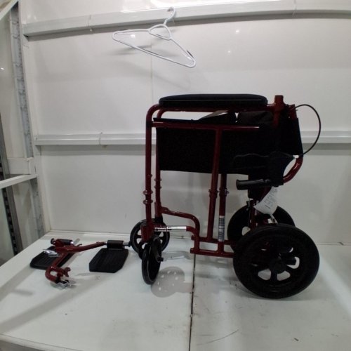 MEDLINE BASIC ALUMINUM TRANSPORT WHEELCHAIR 12" REAR WHEELS WITH BRAKES - 19"/300LBS CAPACITY - RED/BLACK (MODEL: MDS808210ARE) image 3