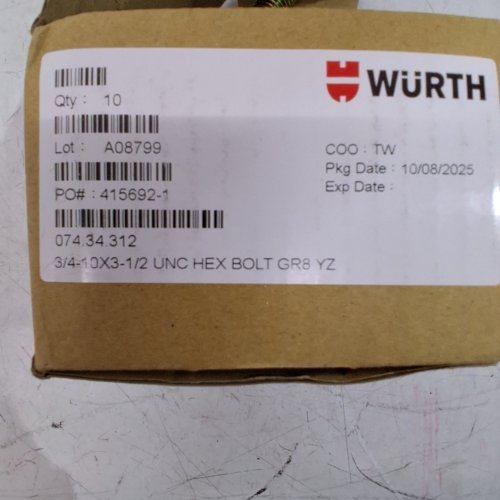 10PK WÜRTH GRADE 8 HEX CAP BOLT- 3/4-10" X 3-1/2" image 2
